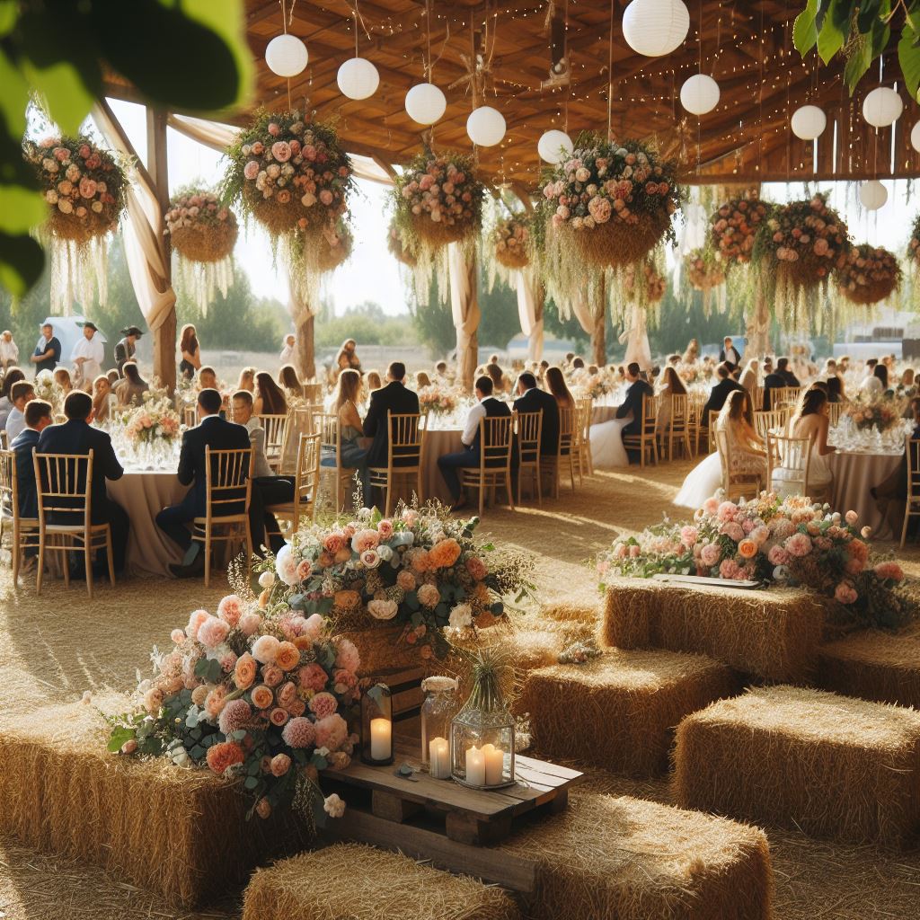 Hay bales and bare wood benches decorated with flowers and seated guests enjoying reception