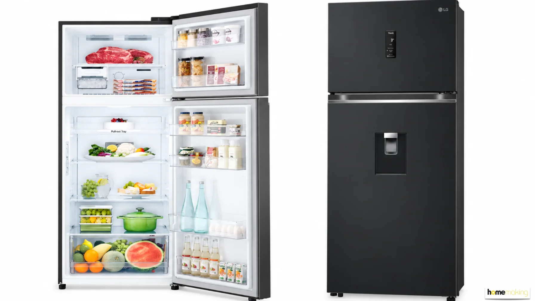Two modern refrigerators on a white background, one open and stocked with food and drinks, and one closed black refrigerator with a water dispenser.
