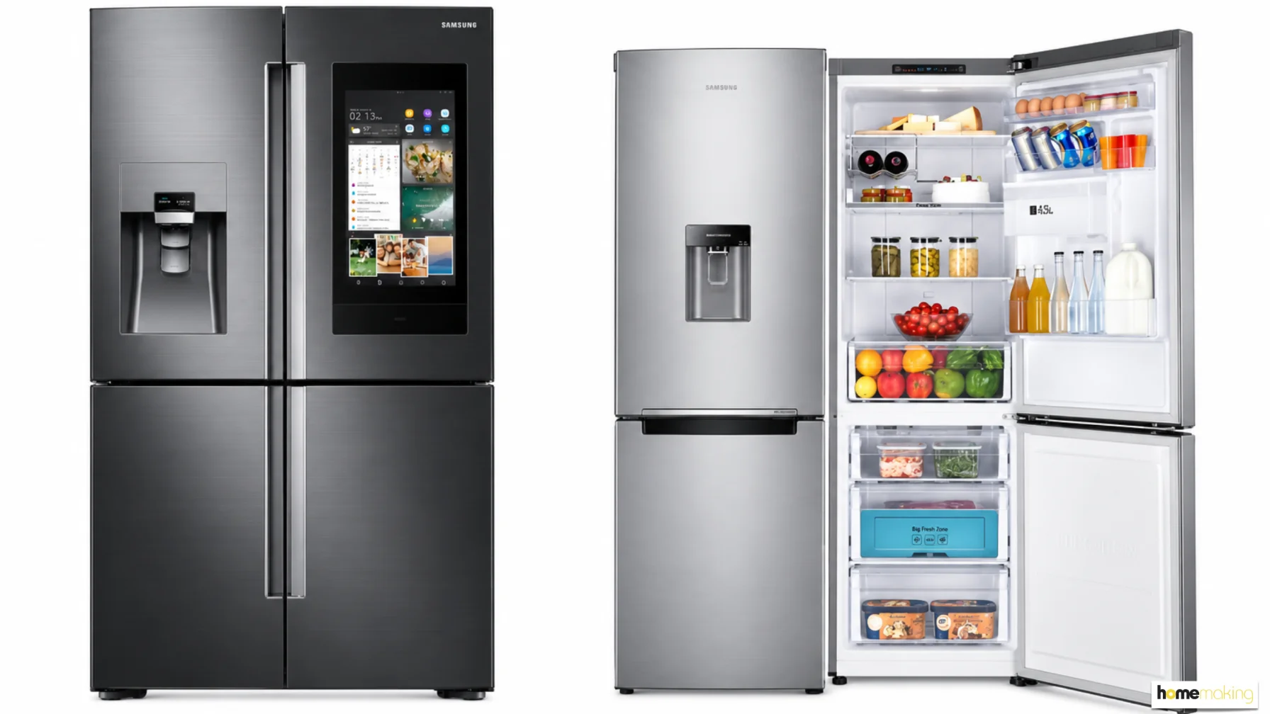 Two modern Samsung refrigerators on a white background, one with a touchscreen and water dispenser, and the other open to show its interior shelves, drawers, and food storage.