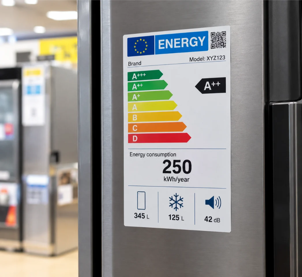 South African appliance energy label showing the A+++ to D scale